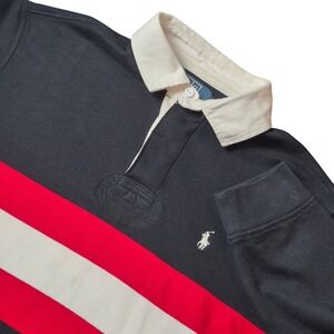 Polo Ralph Lauren Mens Large Fleece Lined Rugby Sweatshirt Navy Red Stripe
